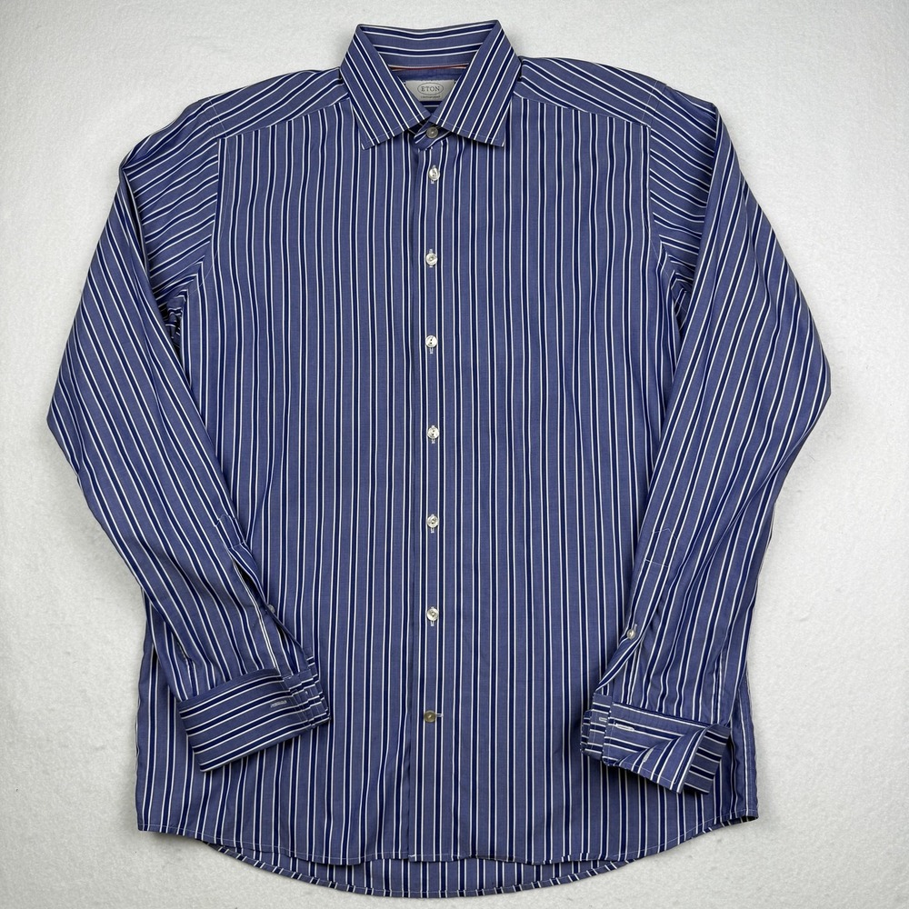 Eton Shirt Mens 16 41 Blue Stripe Contemporary Fit Long Sleeve Dress Shirt